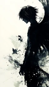 Shadow-splashed fallen angel drifting through inked dusk.