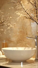 Golden blossom vanity with sculpted bowl sink and chrome tap.