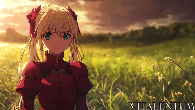 Armored anime heroine stands in sunlit summer field