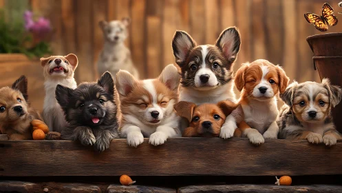 Puppy porch parade under honeyed light and shy butterflies.