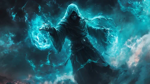 Hooded arcane entity channeling turbulent cyan plasma fields.