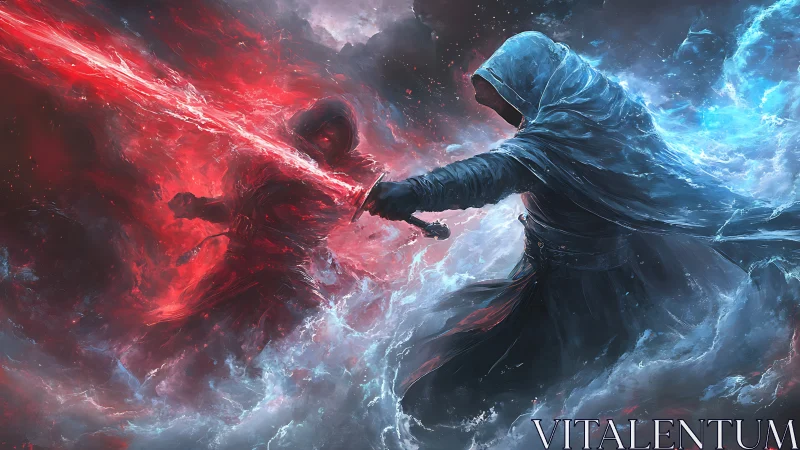 Cloaked duel of ember and frost swirling through storms.