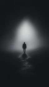 Solitary figure walks toward a distant light in dense fog