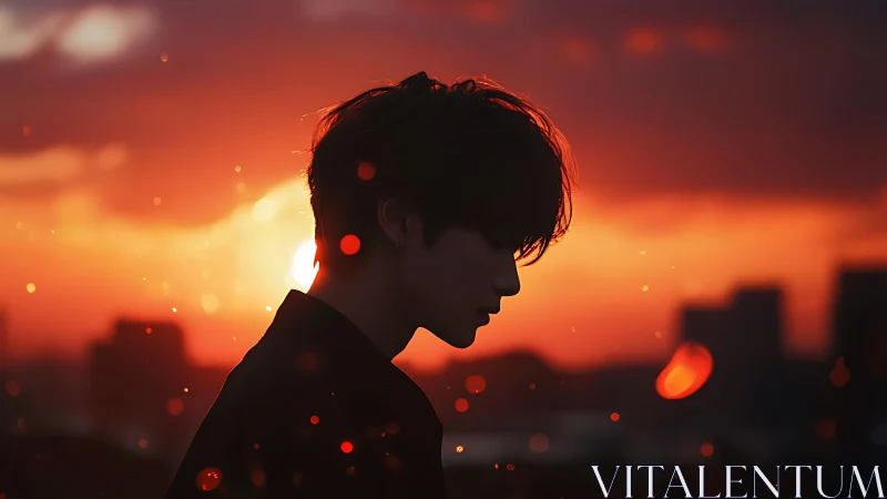 Silhouette of person on urban rooftop against sunset sky.