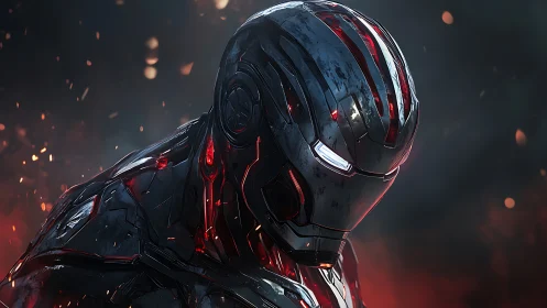 Futuristic armored robot warrior in dark burning scene.