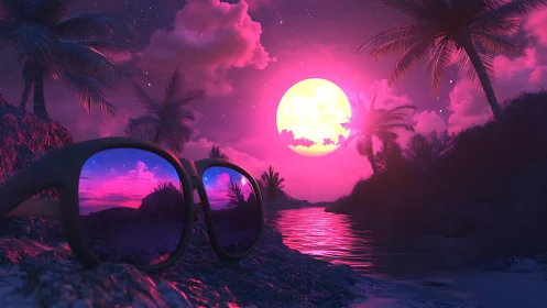 Neon tropical shoreline with sunglasses and large full moon.