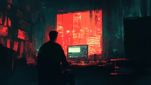 Lone coder watches neon cityscape through blazing window.