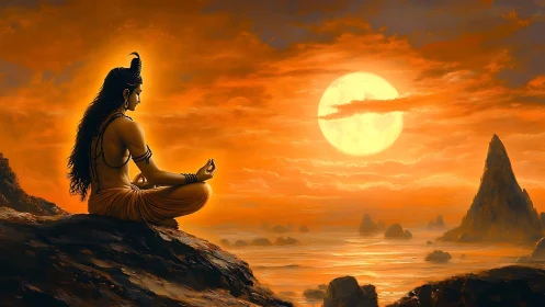 Serene deity meditating beside a molten orange seascape at dusk.