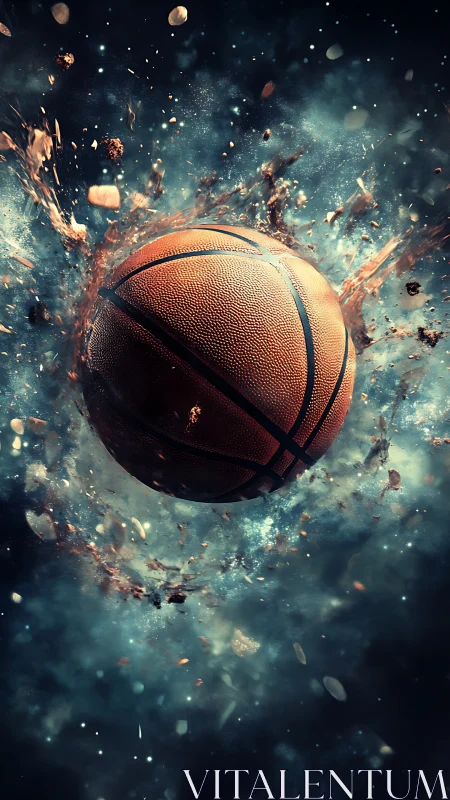 Exploding basketball shatters cosmic debris in sharp focus.