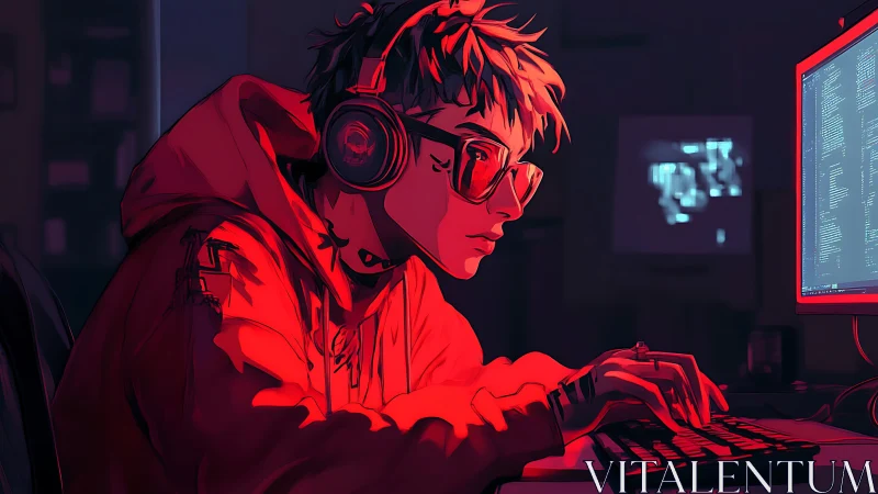 Focused night coder leans into neon glow of a single screen