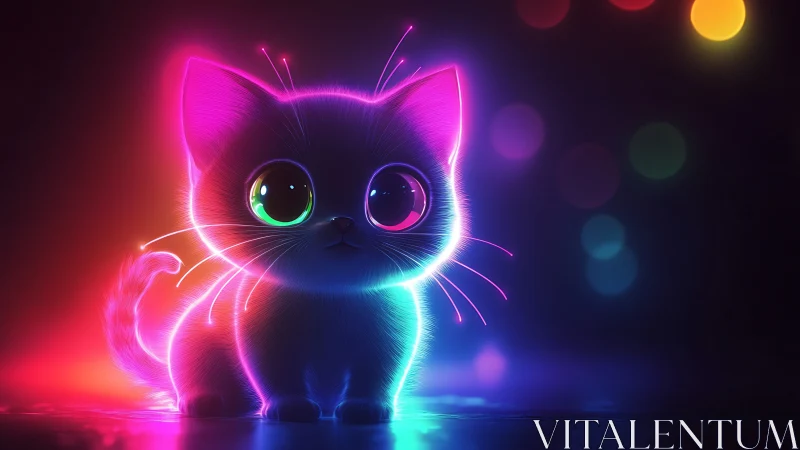 Neon-eyed kitten quietly rearranges the colors of midnight