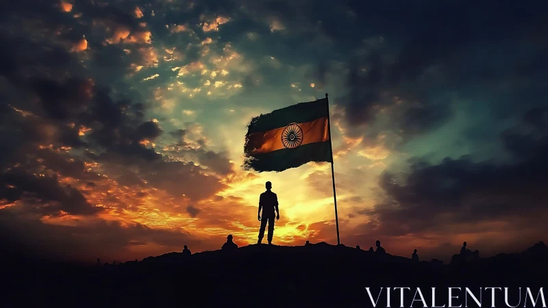 Silhouette stands by Indian flag against dramatic sunset sky