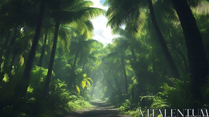 Tropical Forest Canopy with Palm Trees and Sunlit Path.