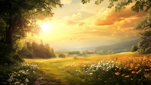 Sunlit rural meadow with flowers, path, and distant hills.