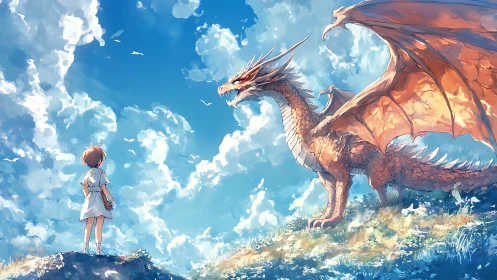 Child facing large orange dragon under bright sky.