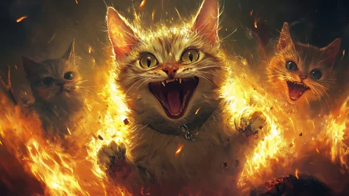 Fierce Feline Warriors Engulfed in Mystical Golden Flames.