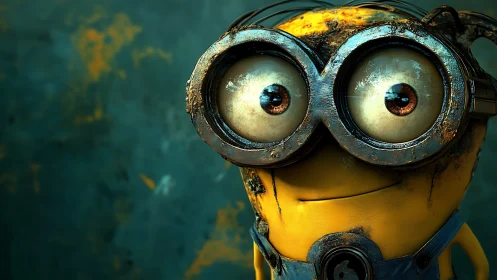 Curious yellow helper with big rusty goggles and a grin.