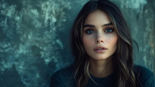 Portrait of young woman with teal backdrop in soft focus.
