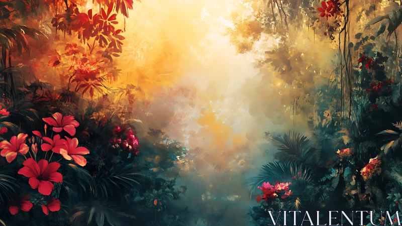 Sunlit mist fills dense jungle clearing between flowers