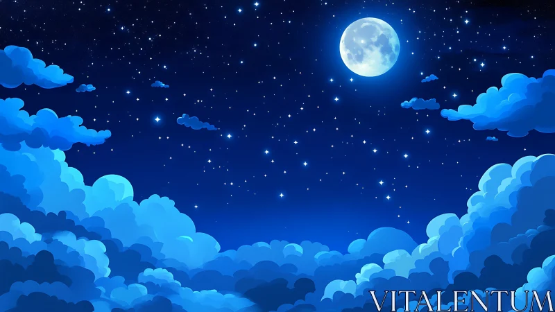 Digital night sky illustration with layered moonlit clouds.