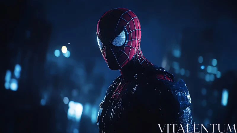 Midnight web-suited hero framed by moody city lights.