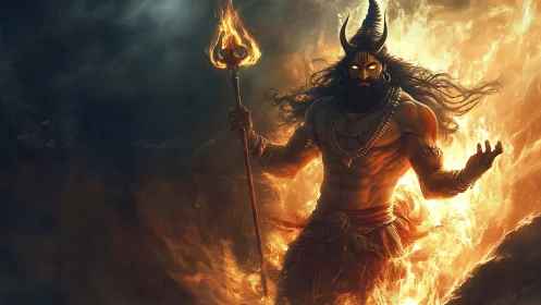 Fire-crowned demon lord rises from infernal flames in wrath.