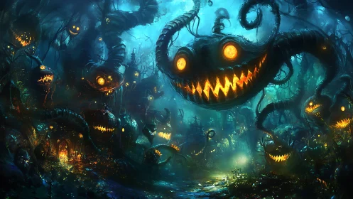 Glowing toothed entities occupy a dense bioluminescent forest