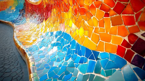 Curved rainbow mosaic wall with flowing ceramic tiles.