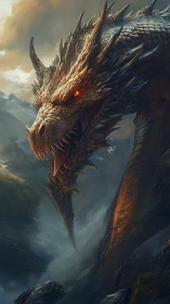 Fierce mountain dragon leans close with burning curious eyes