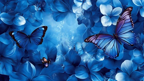 Iridescent blue butterflies drifting across floral canopy.
