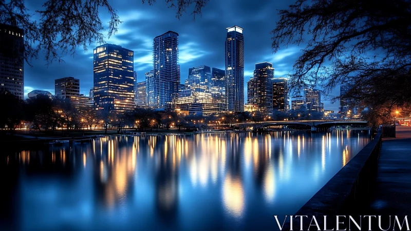 High-rise skyline with specular night reflections over calm river