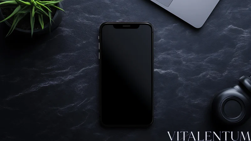 Smartphone Workspace Flatlay with Tech Accessories and Ambient Plants