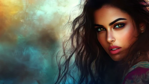 Radiant woman gazes softly from a dreamy colorful haze