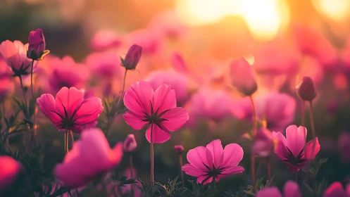 Pink cosmos flowers at sunset with bokeh background.