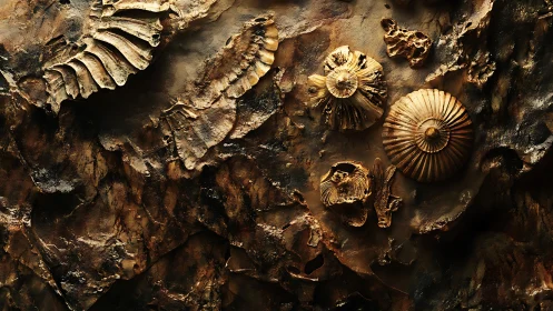 Sedimentary rock wall with radial marine fossil impressions