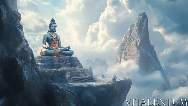 Large seated statue overlooks stepped terraces amid clouds