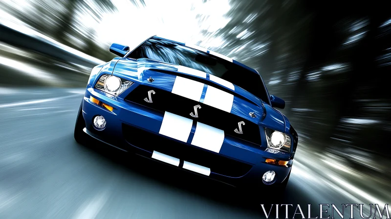 Blue striped sports coupe in forward low-angle road motion.