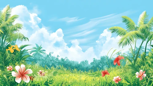 Tropical blossoms whisper under towering daydream clouds