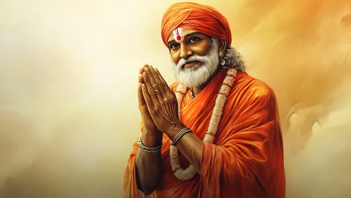 Elderly man in orange robe with folded hands against backdrop.