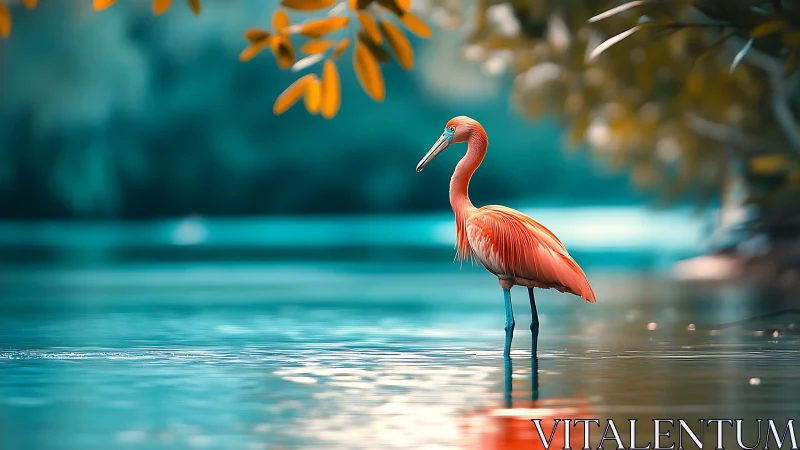 Scarlet wading bird stands in teal river under blurred foliage