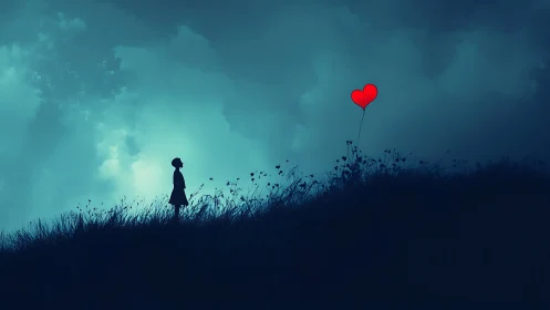 Silhouetted figure holding red heart balloon in vast turquoise landscape setting