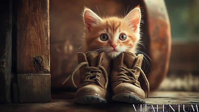 Ginger kitten perched on oversized boots. Whimsical portraiture.