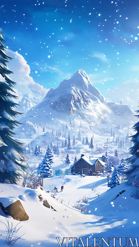 Snow-covered mountain valley with cabin and evergreen trees.