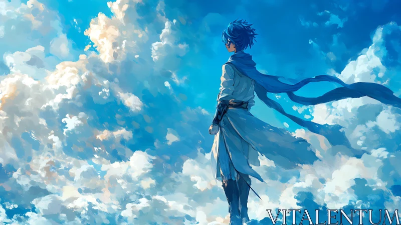 Skyward dreamer gazes into glowing clouds and open blue