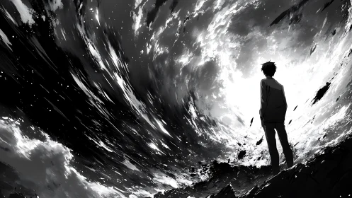 Solitary figure facing swirling monochrome storm sky.