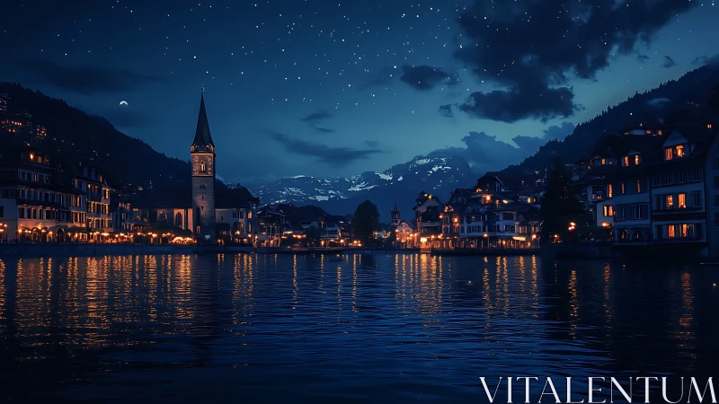 Midnight lakeside village glows beneath starlit alpine skies.
