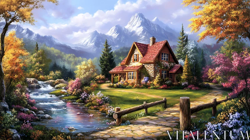 Stone cottage by alpine river in lush multi-season garden