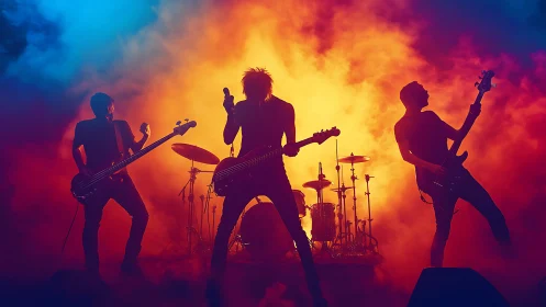 Backlit rock band silhouettes against bicolored concert haze