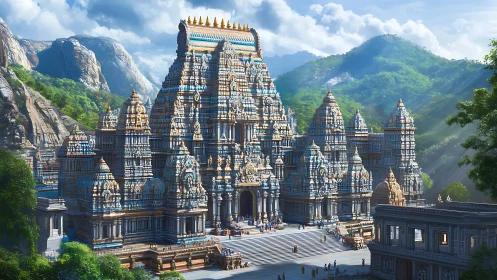 Sunlit mountain temple palace crowned in carved stone splendor.