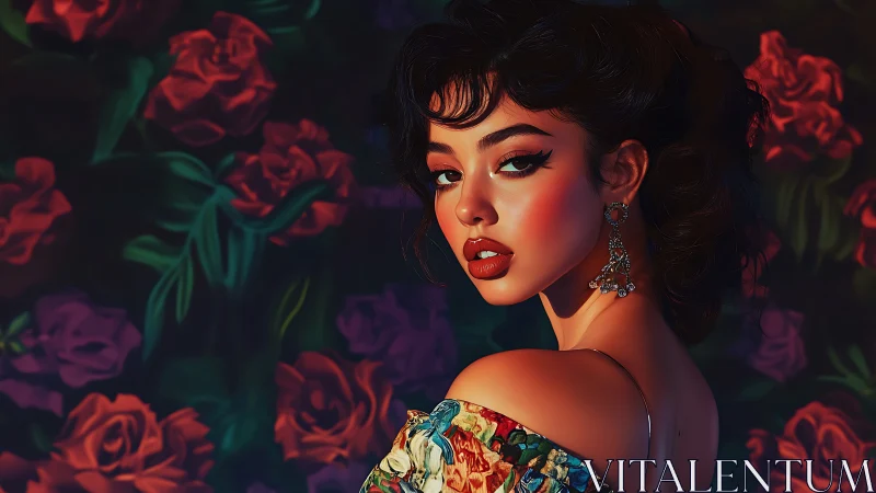 Floral glow surrounds a poised woman in rich warm light